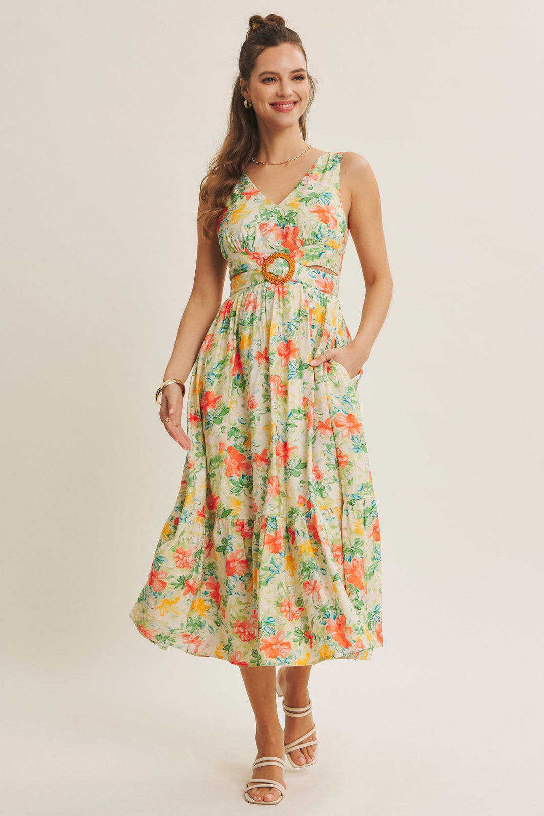 Sophisticated Waist Cutout With Buckle Floral Midi Dress