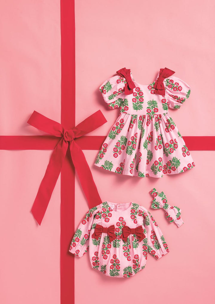 Mud Pie Christmas Block-Print Bow Dress