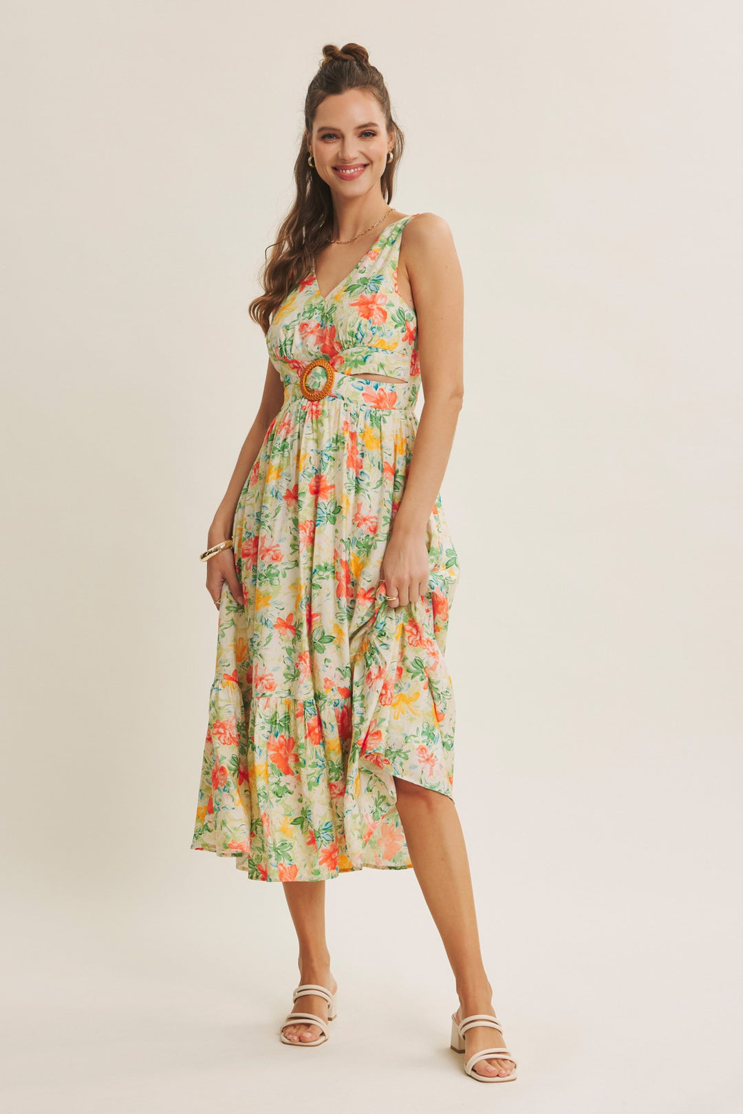 Sophisticated Waist Cutout With Buckle Floral Midi Dress