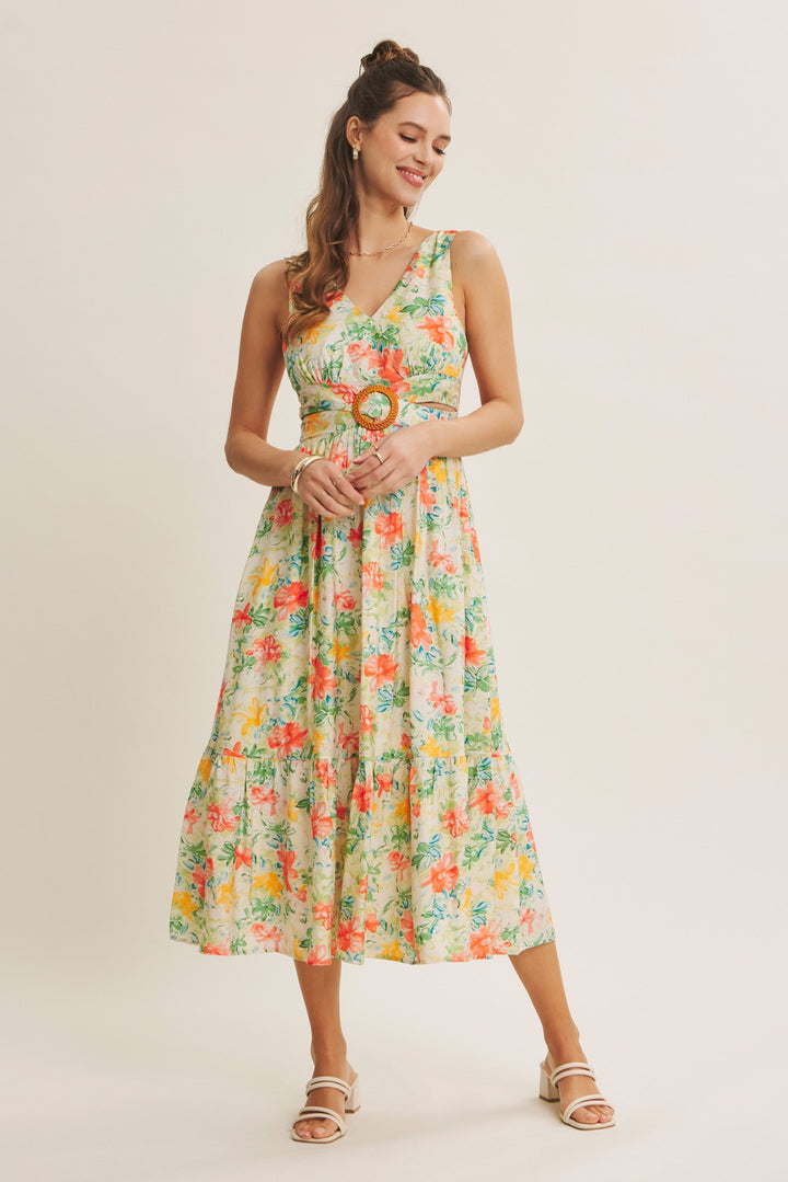 Sophisticated Waist Cutout With Buckle Floral Midi Dress