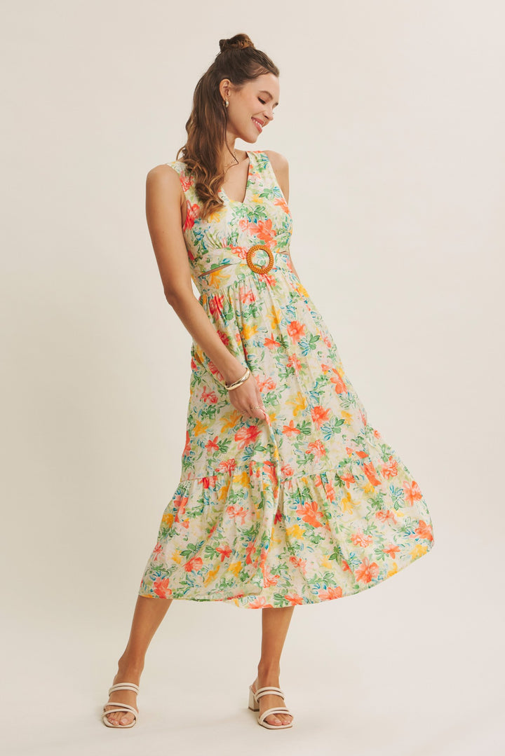 Sophisticated Waist Cutout With Buckle Floral Midi Dress