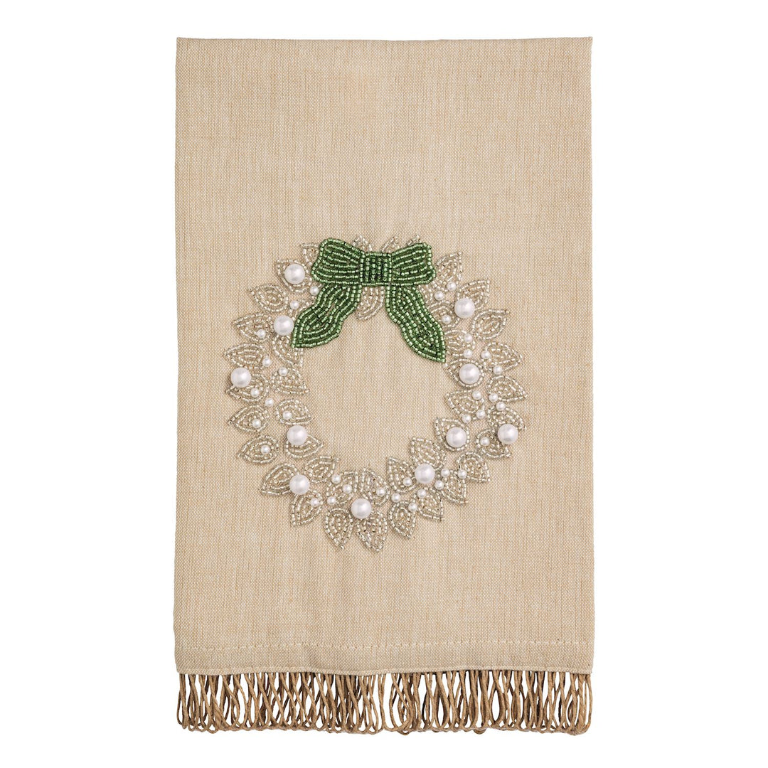 Mud Pie Wreath White Christmas Beaded Towel