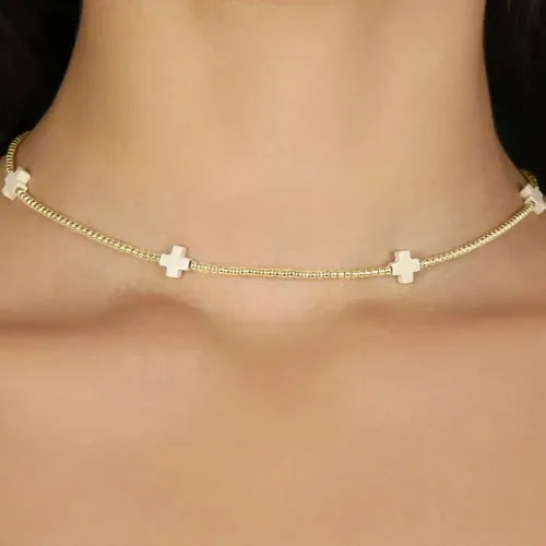 enewton 15" Choker Signature Cross Gold Pattern 2mm Bead - Off-White
