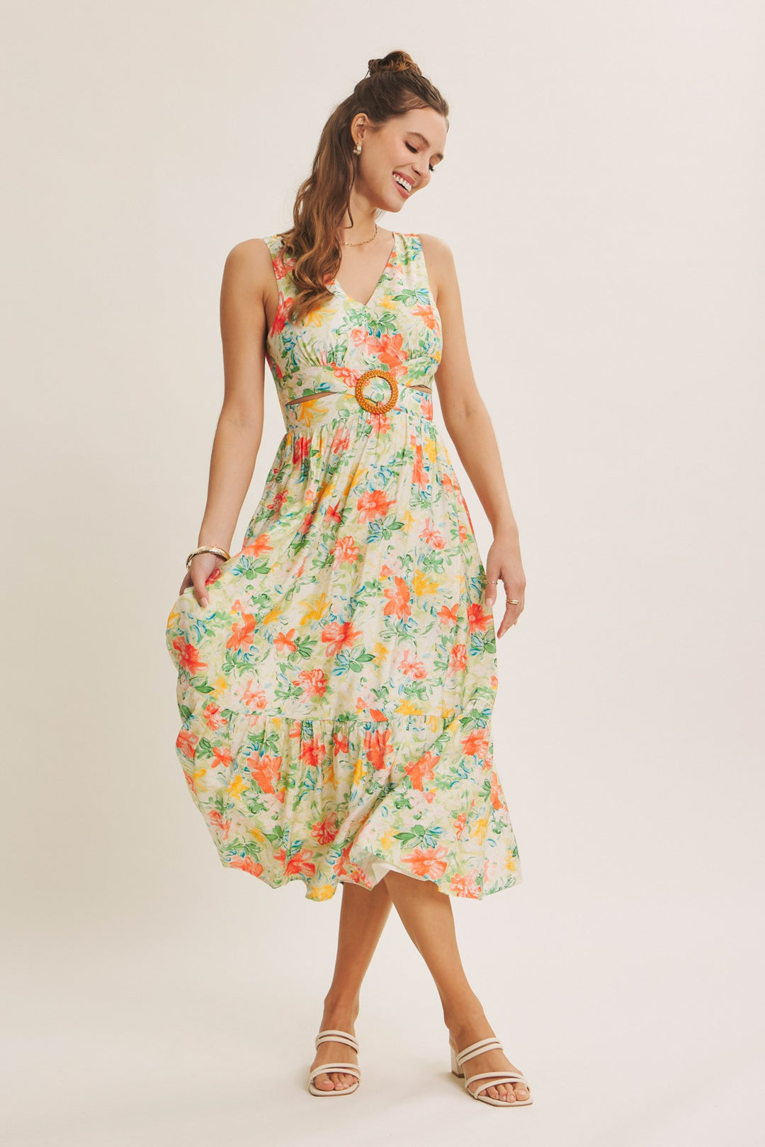 Sophisticated Waist Cutout With Buckle Floral Midi Dress
