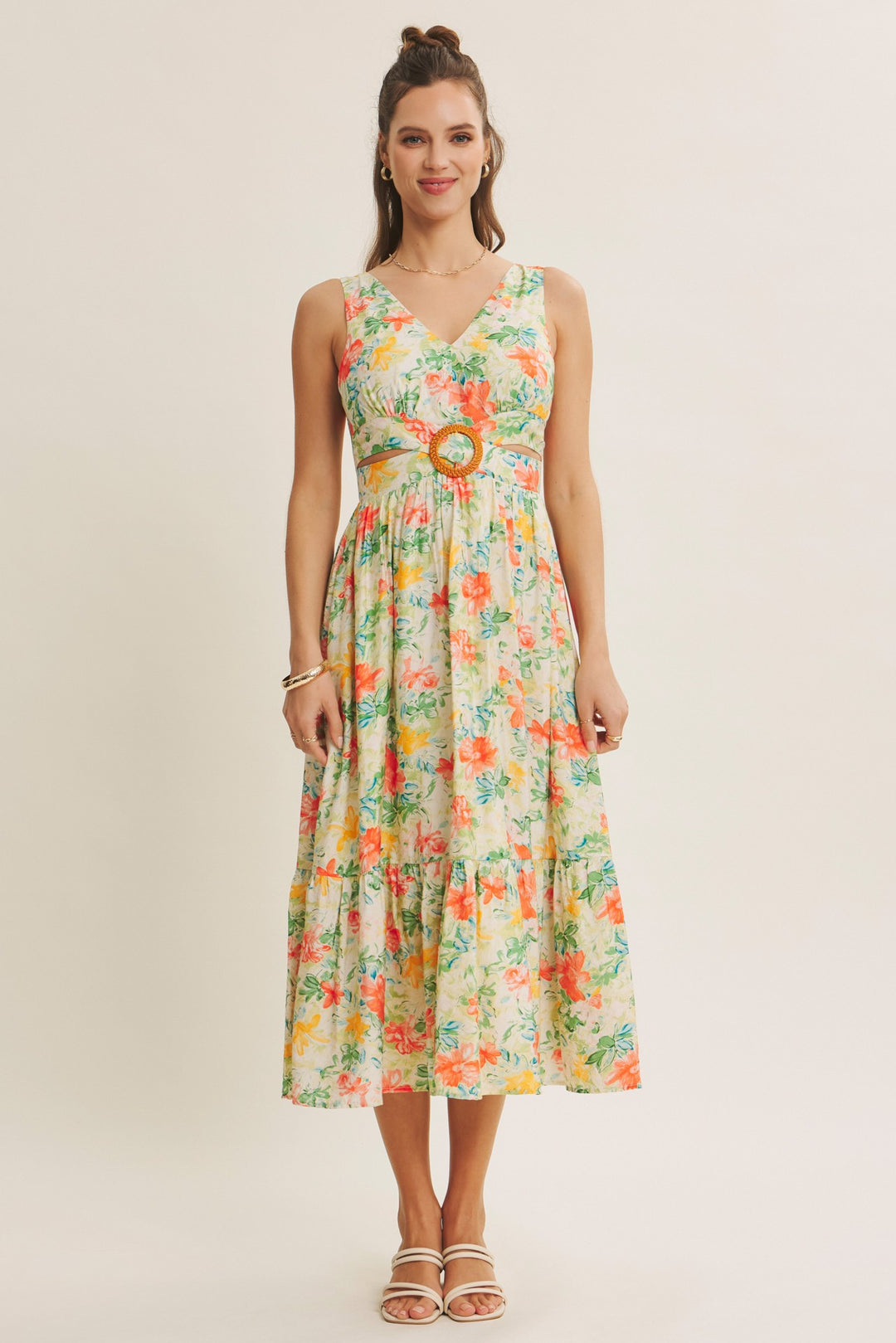 Sophisticated Waist Cutout With Buckle Floral Midi Dress