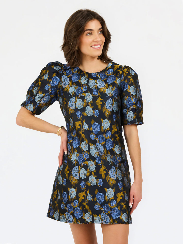 Mary Square Navy Brocade Thea Dress
