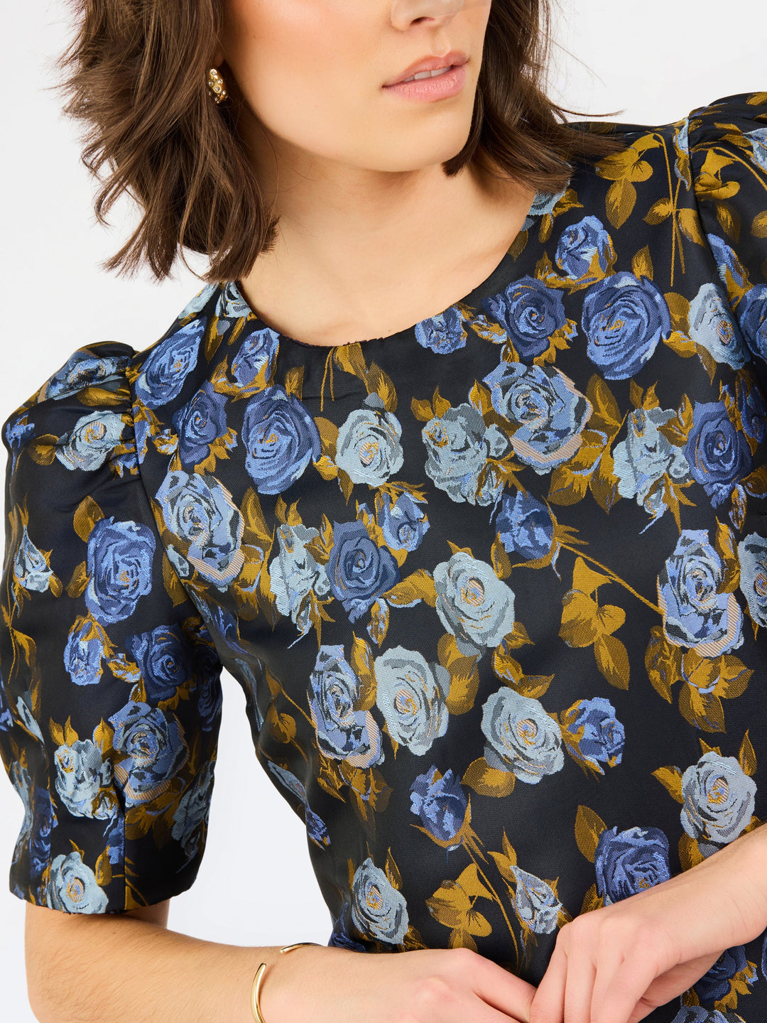 Mary Square Navy Brocade Thea Dress