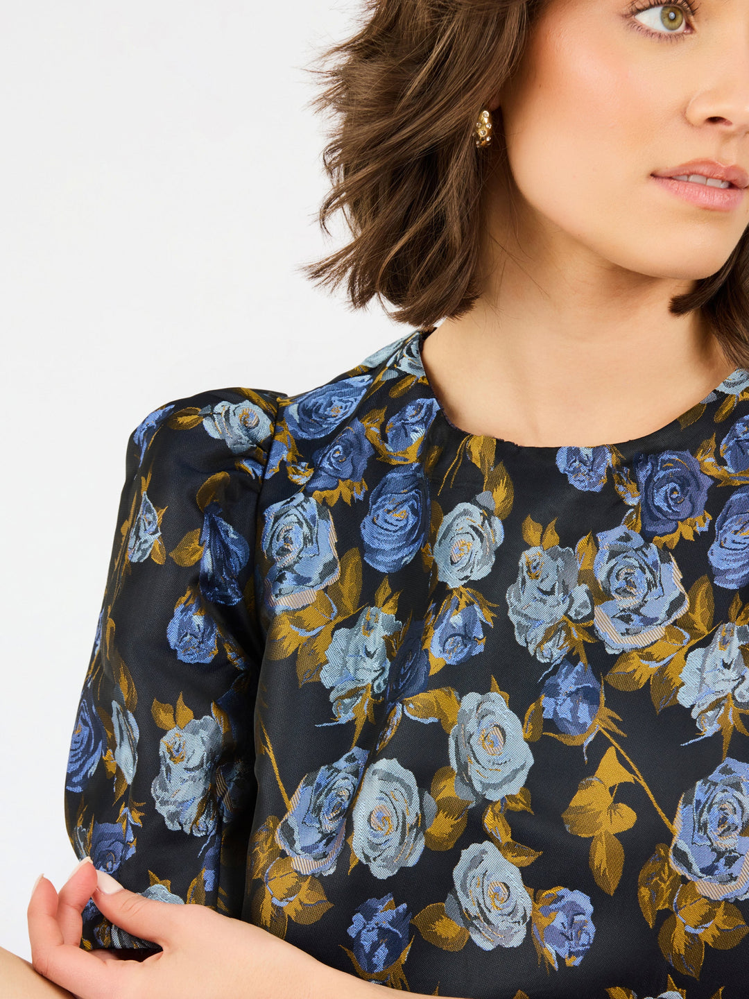 Mary Square Navy Brocade Thea Dress