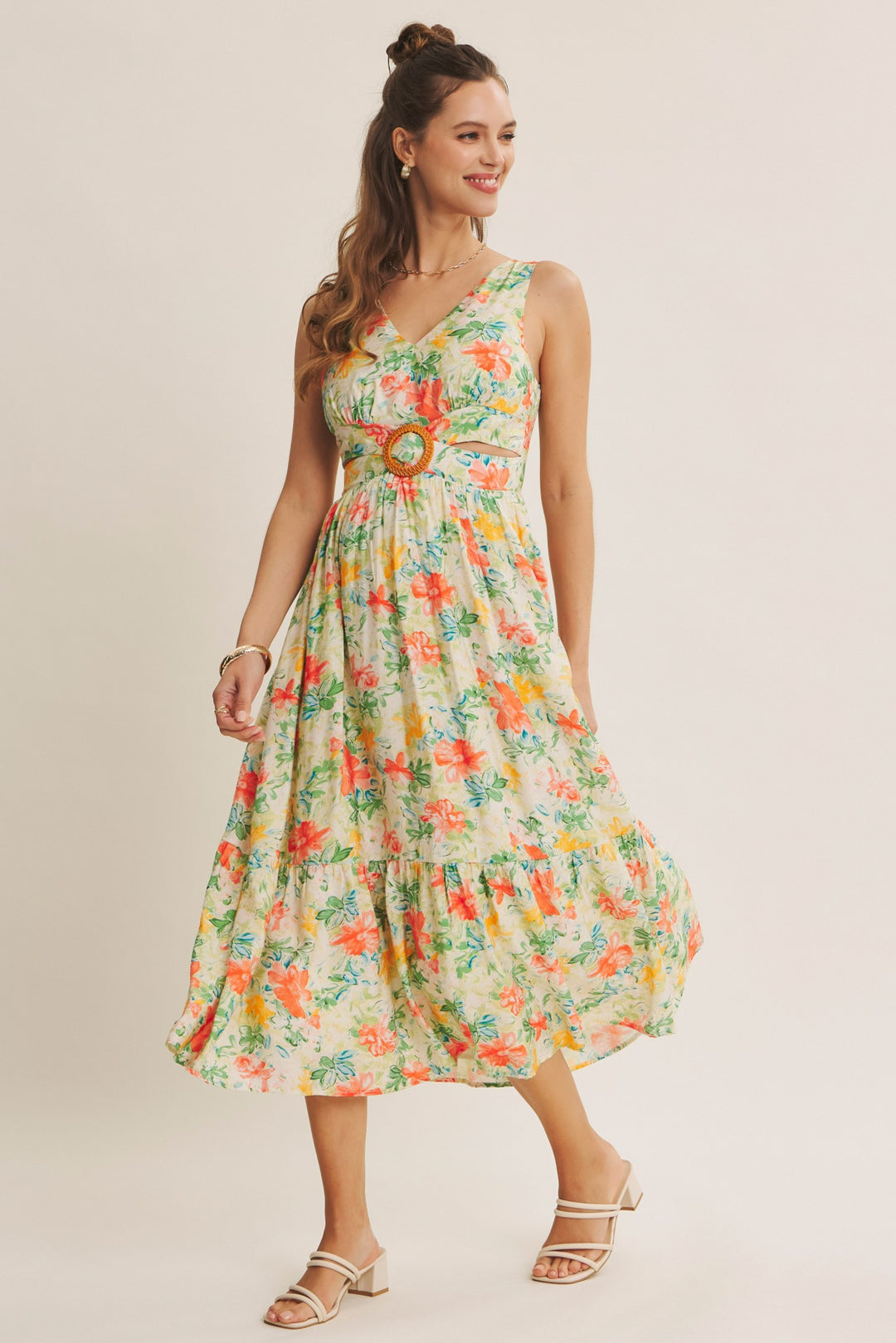 Sophisticated Waist Cutout With Buckle Floral Midi Dress