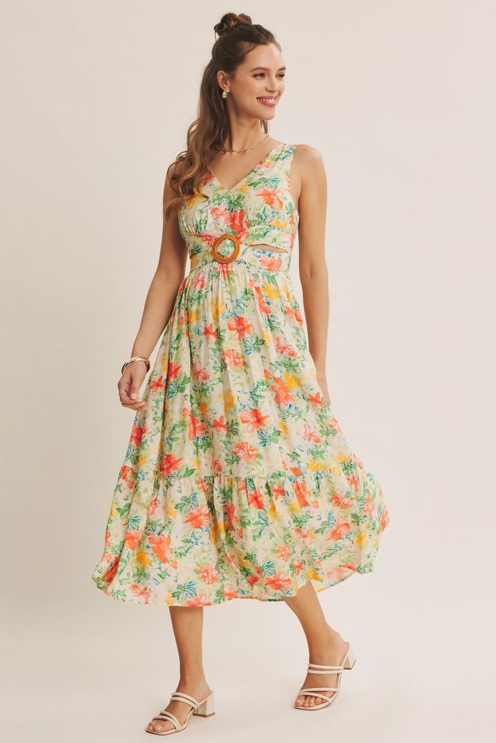 Sophisticated Waist Cutout With Buckle Floral Midi Dress