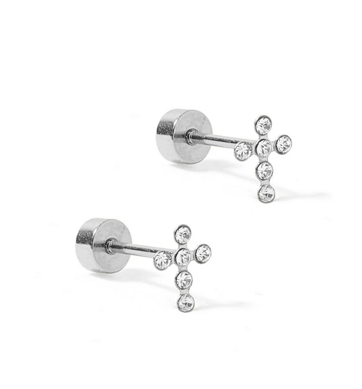 Linny &amp; Co Screwback Stud Earrings - Clara Cross Silver