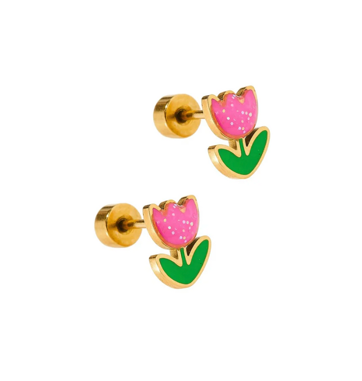Linny &amp; Co Screwback Stud Earrings -Tulip Pink