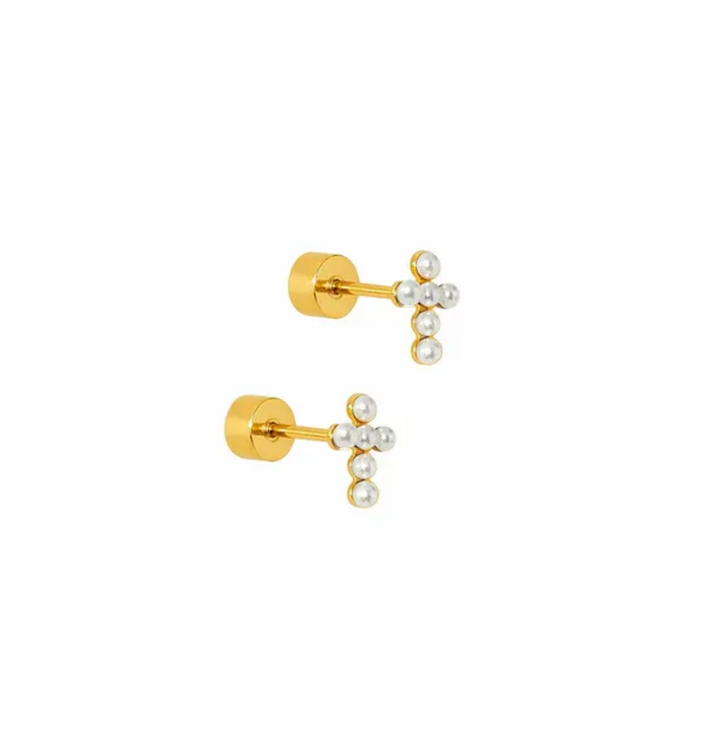 Linny &amp; Co Screwback Stud Earrings - Clara Cross Pearl