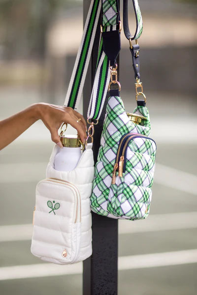 Wanderfull White HydroBag with Tennis Embroidery and Navy, Green, White Strap