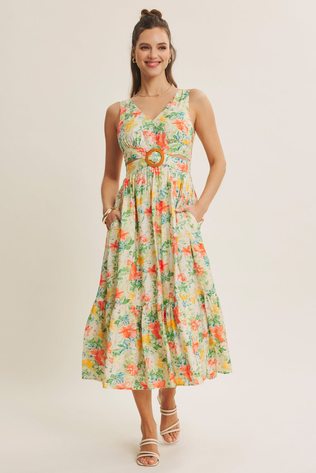 Sophisticated Waist Cutout With Buckle Floral Midi Dress
